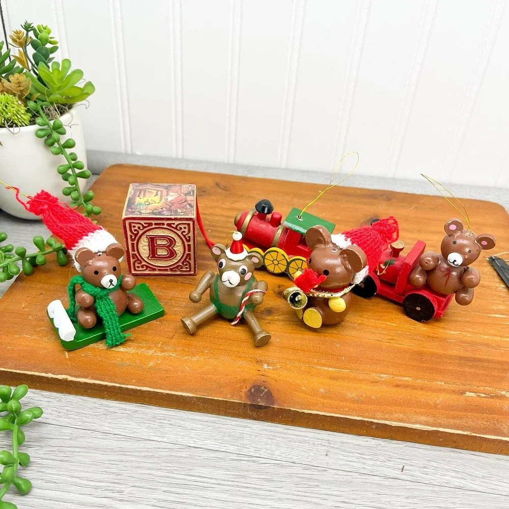 Vintage Wooden Christmas‎ Ornaments, Teddy Bear & Train Ornaments Set of 6